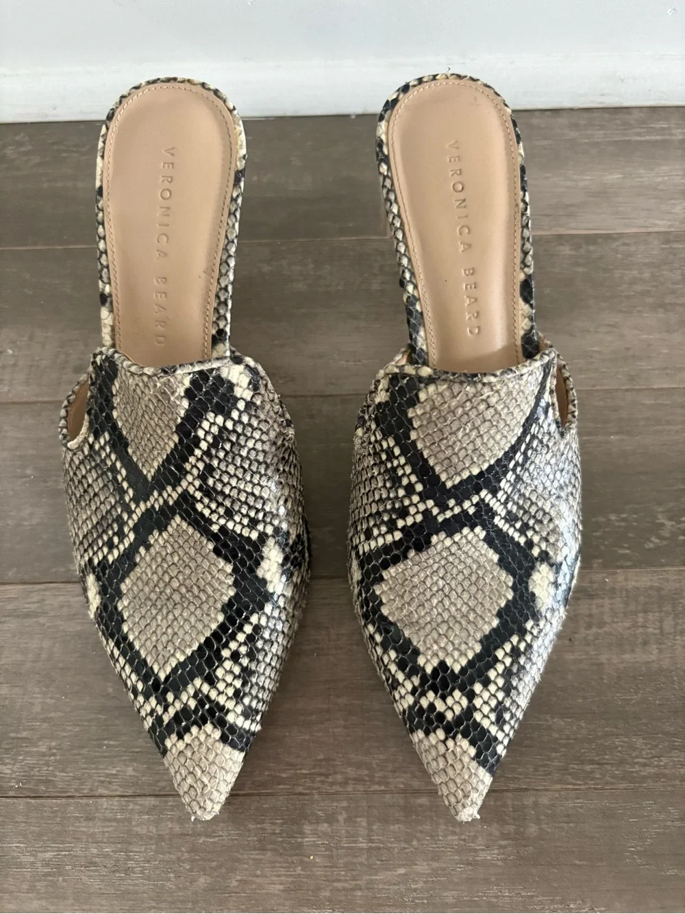 Veronica Beard Snakeskin Print Leather Pointed Toe Mule Heels 7.5M